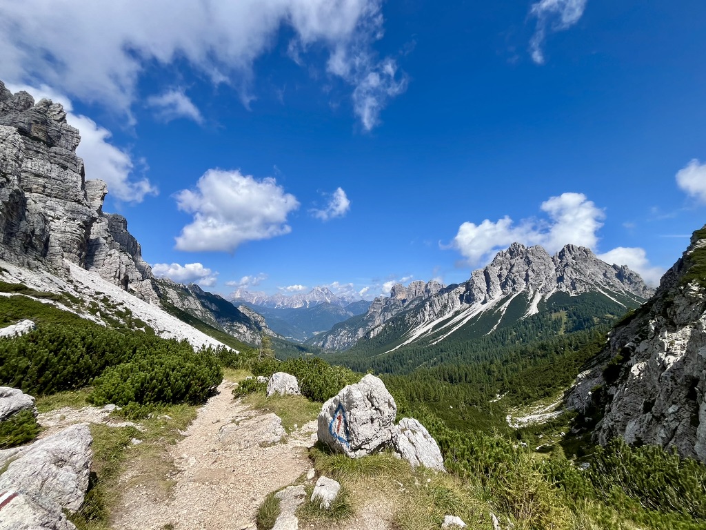 Sunny valley view from the Civetta traverse, Day 6
